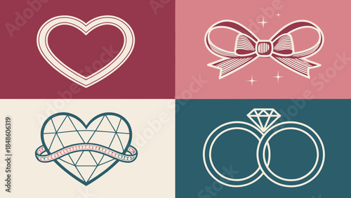 Elegant wedding icons set with heart, bow, diamond ring