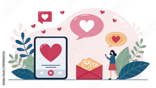 Woman interacting with mobile phone surrounded by heart symbols and plants