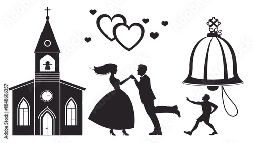Romantic wedding scene with church and happy couple dancing