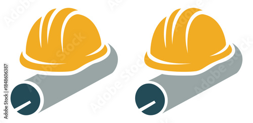 Yellow construction hard hat and architectural blueprints icon for building project engineering and site safety management professional services