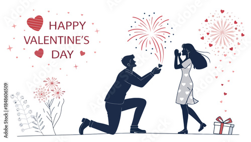 Man proposing to woman on Valentine's Day with fireworks and gifts