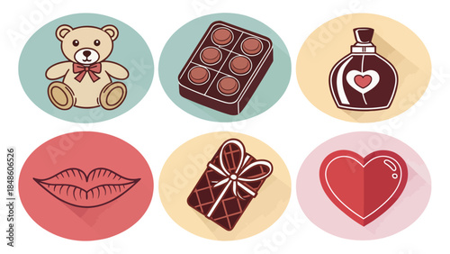Valentine's Day icons with teddy bear, chocolates, perfume, lips, gift, and heart