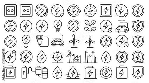 Assortment of black and white line art icons for electricity and renewable energy sources Keywords: electricity, energy, power, lightning bolt, electric plug, light bulb, battery