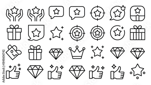 Assortment of star, diamond, gift, target, and thumbs up line art icons rating award