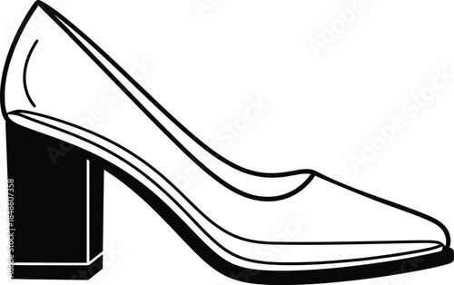 Elegant women's block heel pump shoe vector line art illustration featuring a minimalist high heel design and pointed toe silhouette for fashion projects.