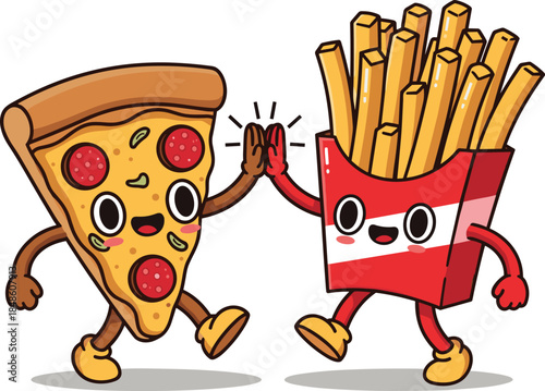 Cartoon pizza and fries characters high five, funny fast food friends for kids, playful mascot design, flat vector illustration