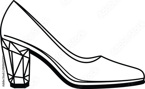 Minimalist high heel pump shoe line art illustration with a unique geometric crystalline block heel design for fashion branding and modern footwear concepts.
