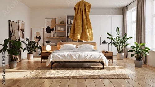 Things, furniture, and the room's interior stuff pop out of a cardboard box. Concepts for moving, updating home furnishings, and renovation.