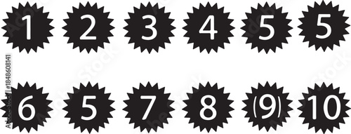 Black Starburst Shapes with White Numbers One Through Ten and Duplicates on White Background vector illustration
