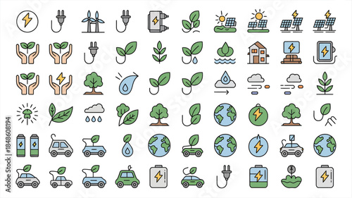 Collection of Eco Friendly Energy and Nature Icons with Color Accents Keywords: energy, eco, environment, nature, sustainability, renewable, solar, wind, electric car, plug, leaf