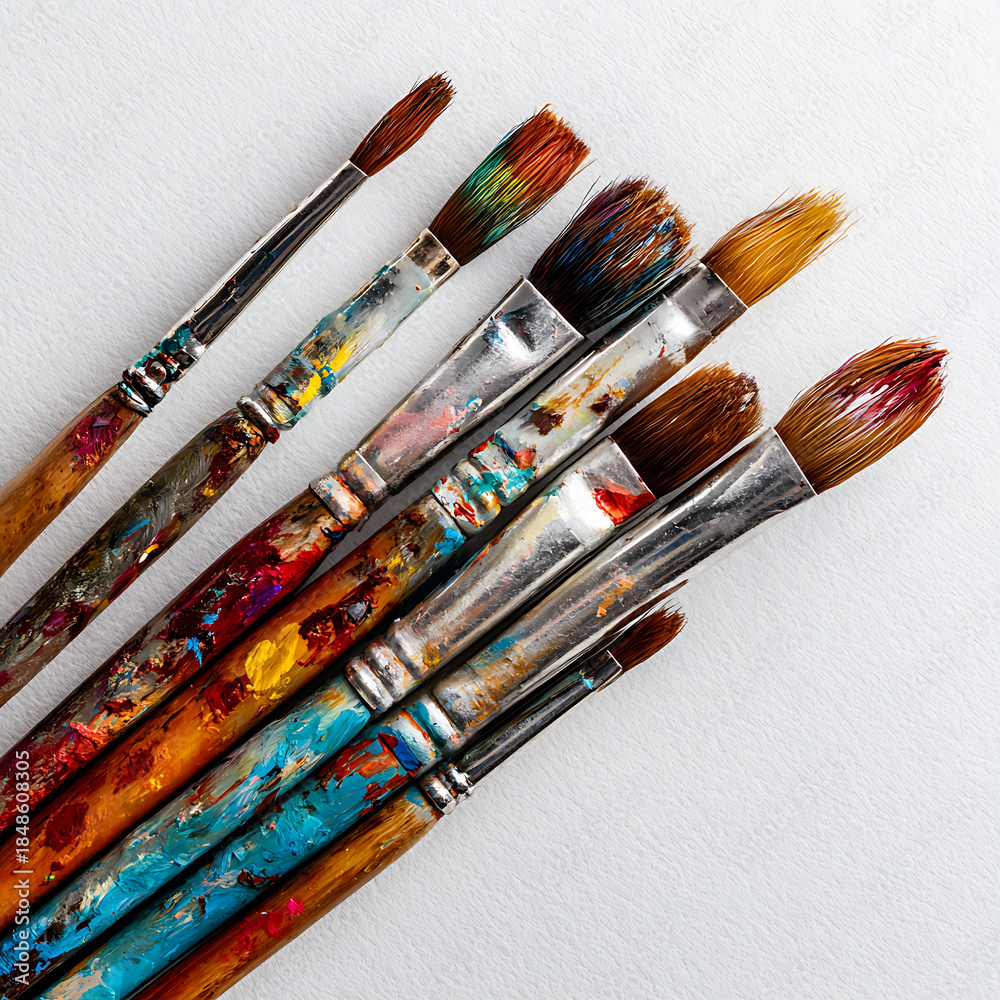 Obraz premium Collection of colorful used paintbrushes on a white background