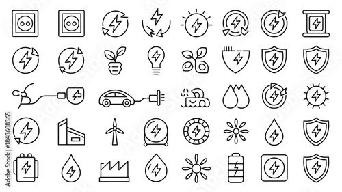 Collection of electricity and energy related outline icons on white background Keywords: electrical socket, lightning bolt, recycle symbol, sun, shield, power cord, electric car