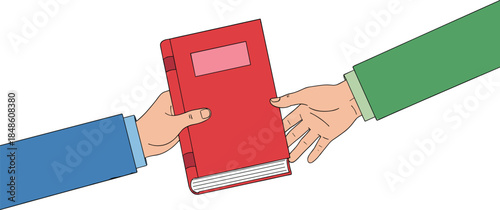 Hands passing red book vector illustration symbolizing education, knowledge sharing, learning, reading, study exchange, and academic cooperation concept