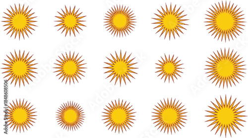 Fifteen Yellow Starburst Shapes With Red Outline On White Background Keywords: starburst, sun, star, shape, yellow, red, outline, graphic, icon
