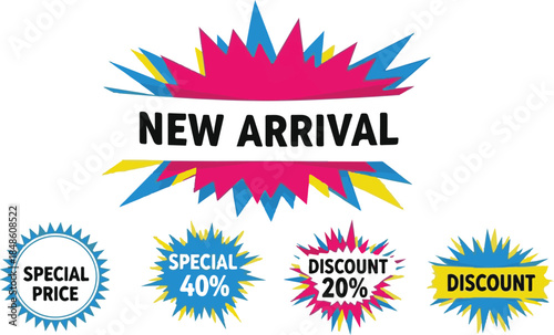New arrival and discount sale announcement graphics with starburst elements special price promotion