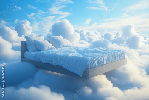 Bed floats on soft blue fluffy clouds in sky. Peaceful scene suggests good sleep and comfort. Image evokes deep sleep and dreams. Symbolic of rested feeling. Beautiful imagery of home and ...