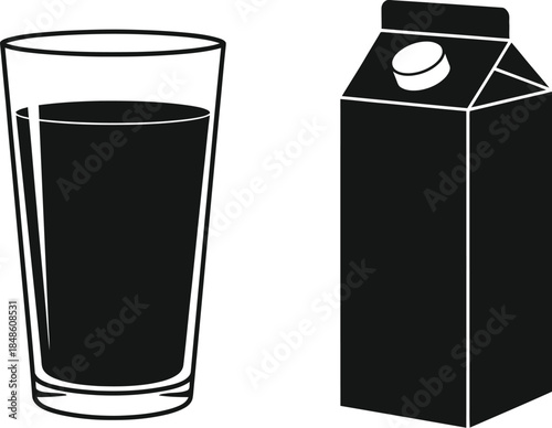 A glass of liquid and a gable top carton simple black and white illustration