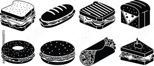 Variety of bakery items and fast food illustrations in black and white