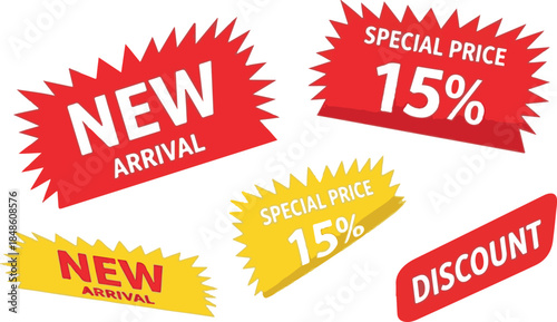 Sale and Discount Tags with Starburst Shapes vector illustration