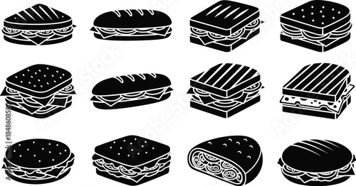 A collection of various sandwich icons presented in a black and white style