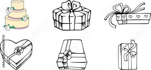 Collection of hand drawn wedding and celebration icons featuring a tiered cake and various beautifully wrapped gift boxes for special occasions