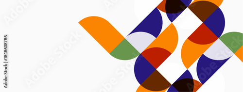 Abstract geometric shapes overlap, creating vibrant color blocks. Composition features orange, purple, green, brown hues on white background.