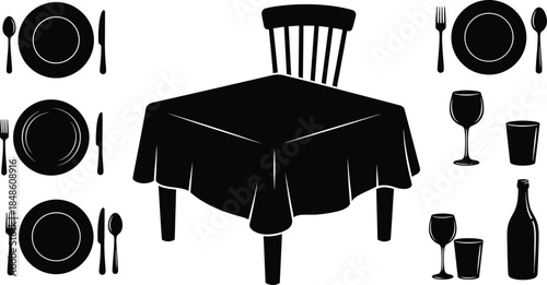 A silhouetted dining table setting with plates cutlery and glassware