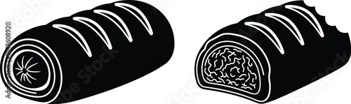 Black and white illustration of two swirled danish pastries one whole and one cut