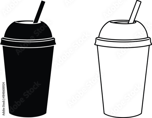 Two simple outline illustrations of takeaway drinks with straws
