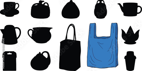 A collection of black silhouettes featuring various household objects and containers