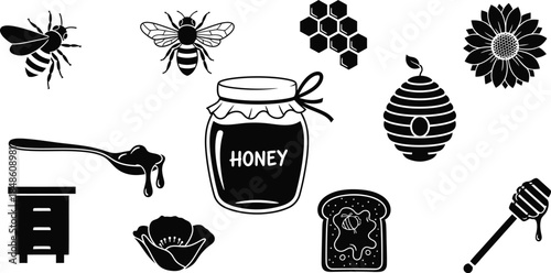 Black and white illustration of bees honey honeycomb and related items