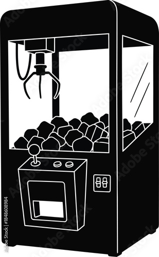 Simple black and white illustration of a classic arcade claw machine