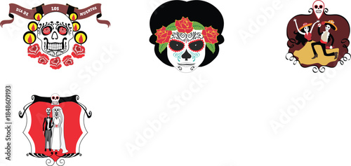 Collection of four distinct day of the dead vector graphics featuring calavera skulls sugar skulls and festive skeleton couples celebrating life and remembrance
