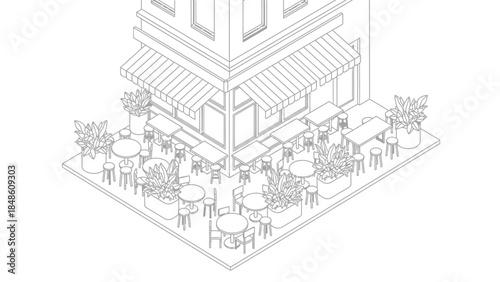 Isometric Illustration of Restaurant Patio Scene.