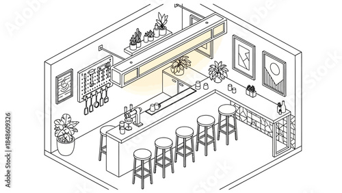 Isometric Illustration of Modern Coffee Shop Interior.