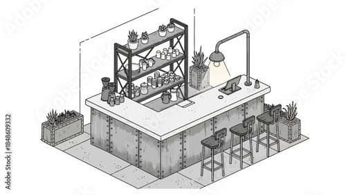 Isometric Bar with Shelves and Equipment.