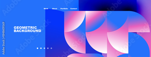 Modern website header design. Geometric shapes, vibrant colors, blue background. Navigation links present. Minimalist aesthetic.