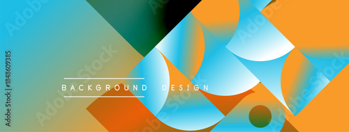 Abstract geometric shapes overlap. Blue, orange, green hues create modern design. Text reads background design. Minimalist aesthetic.