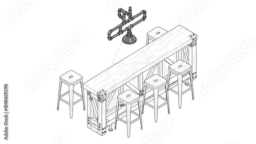 Line Drawing of Bar Counter with Stools.
