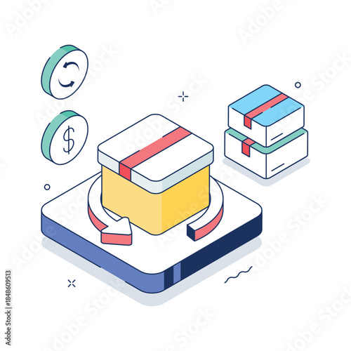 A trendy isometric illustration of parcel return, refunds and reverse logistics process