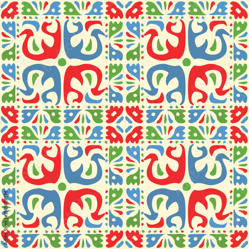 Ethnic seamless embroidery pattern in the slavonic style. Decorative wallpaper or fabric print. Wood painting or fresco ornament. Ancient Russian traditional folk costume style. Vector background