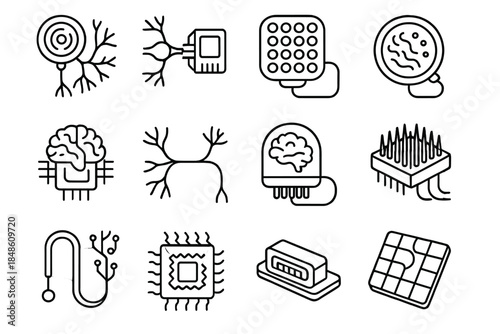 Neural Tech Icons. Neuro-Silicon Integration linear set: neural implant node, synapse-to-chip bridge, bioelectrode array, signal conversion pad, microprocessor nexus, neural thread