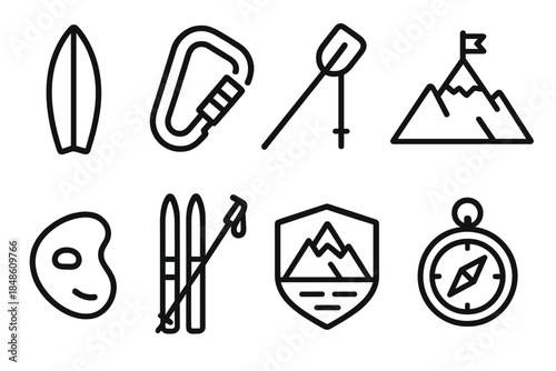 Adventure Sports Icons. Adventure Sports Set linear set: surfboard, climbing carabiner, rafting paddle, mountain summit, trail compass, bouldering hold, cross-country skis,
