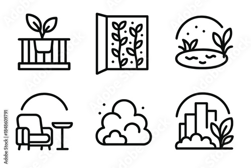 Urban Eco Corners. Urban Eco Corners linear set: balcony plants, green wall, tiny pond, sitting area, shrub cluster, simple skyline arc.