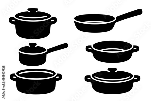 Bold Kitchen Icons. Versatile Cooking Tools silhouette set: ceramic pot, heavy-duty pan, small saucepan, wide fry pan, soup kettle, low casserole.