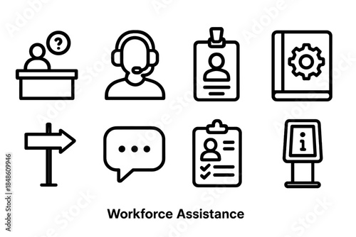 Workforce Assistance Icons. Workforce Assistance Set linear set: help desk, support headset, employee ID card, resource binder, guidance arrow, message bubble, task clipboard, info