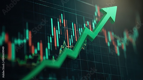 Stock market graph with a green arrow pointing up financial growth concept