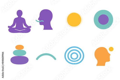 Mindful Awareness Icons. Mindful Awareness Symbols flat set: meditation pose, calm breath line, soft glow circle, inner focus point, balanced stones, gentle arc, awareness ripple,
