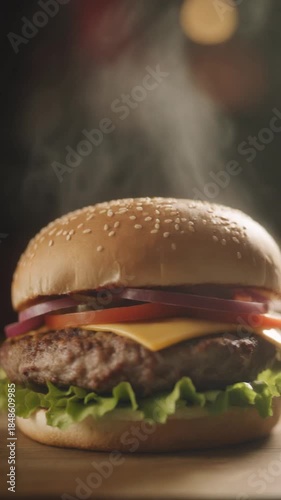 Gourmet Burger With Steaming Smoke On Wooden Table Cinematic Soft Lighting Warm Background