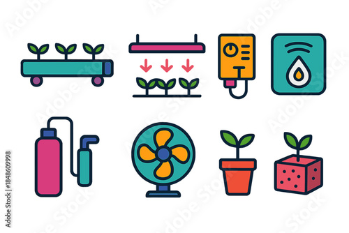 Modern Indoor Farming Icons. Indoor crop systems flat set: hydroponic channel, fertigation pump, canopy light bar, humidity sensor, dosing cartridge, air circulation fan, young